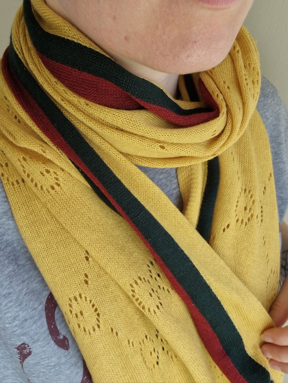 Mustard Yellow Knit Scarf with Green & Red Stripe